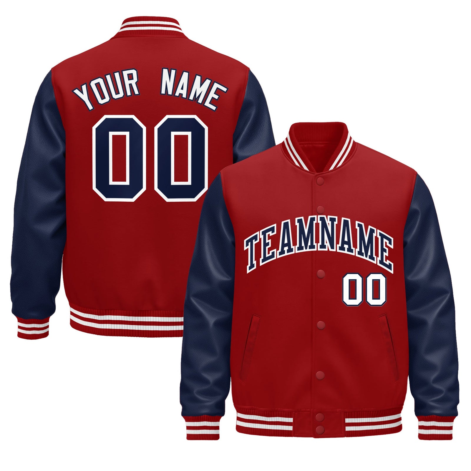 Custom Navy Red White Raglan Sleeves Varsity Full-Snap Leather Sleeves Letterman Jacket| KXKSHOP
