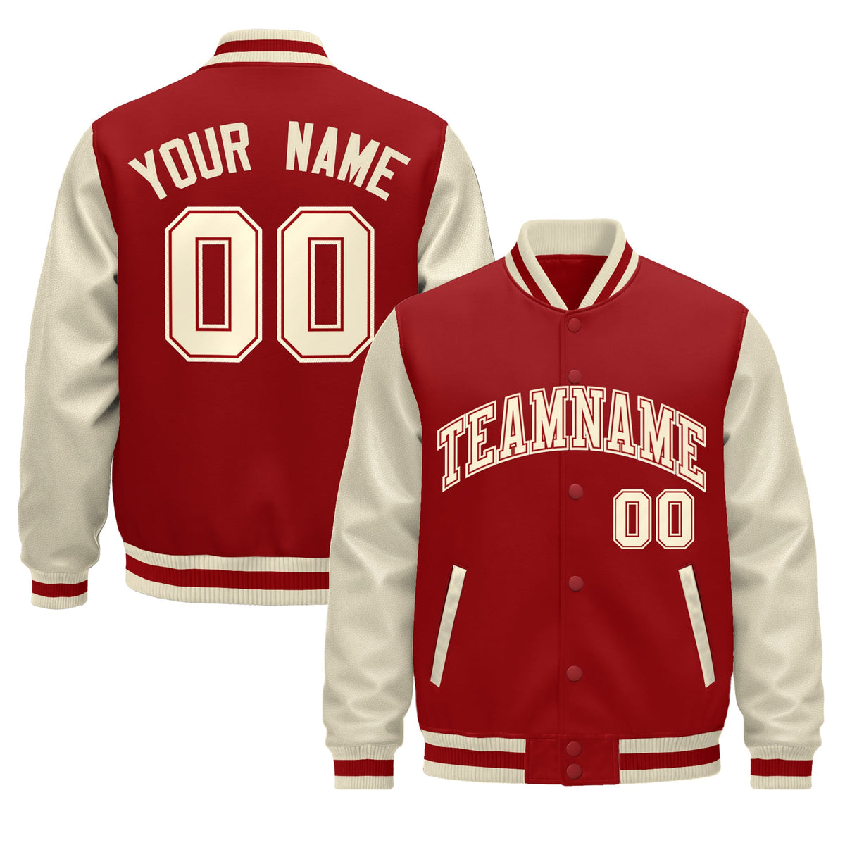 Custom Cream Cream Red Raglan Sleeves Varsity Full-Snap Leather Sleeves Letterman Jacket| KXKSHOP