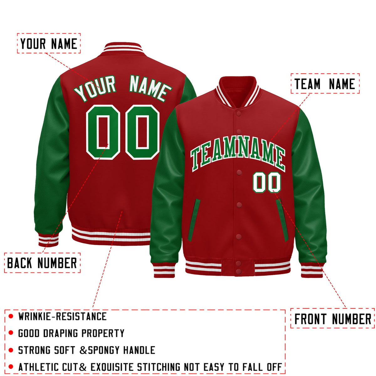 Custom Cream Kelly Green Red Raglan Sleeves Varsity Full-Snap Leather Sleeves Letterman Jacket| KXKSHOP