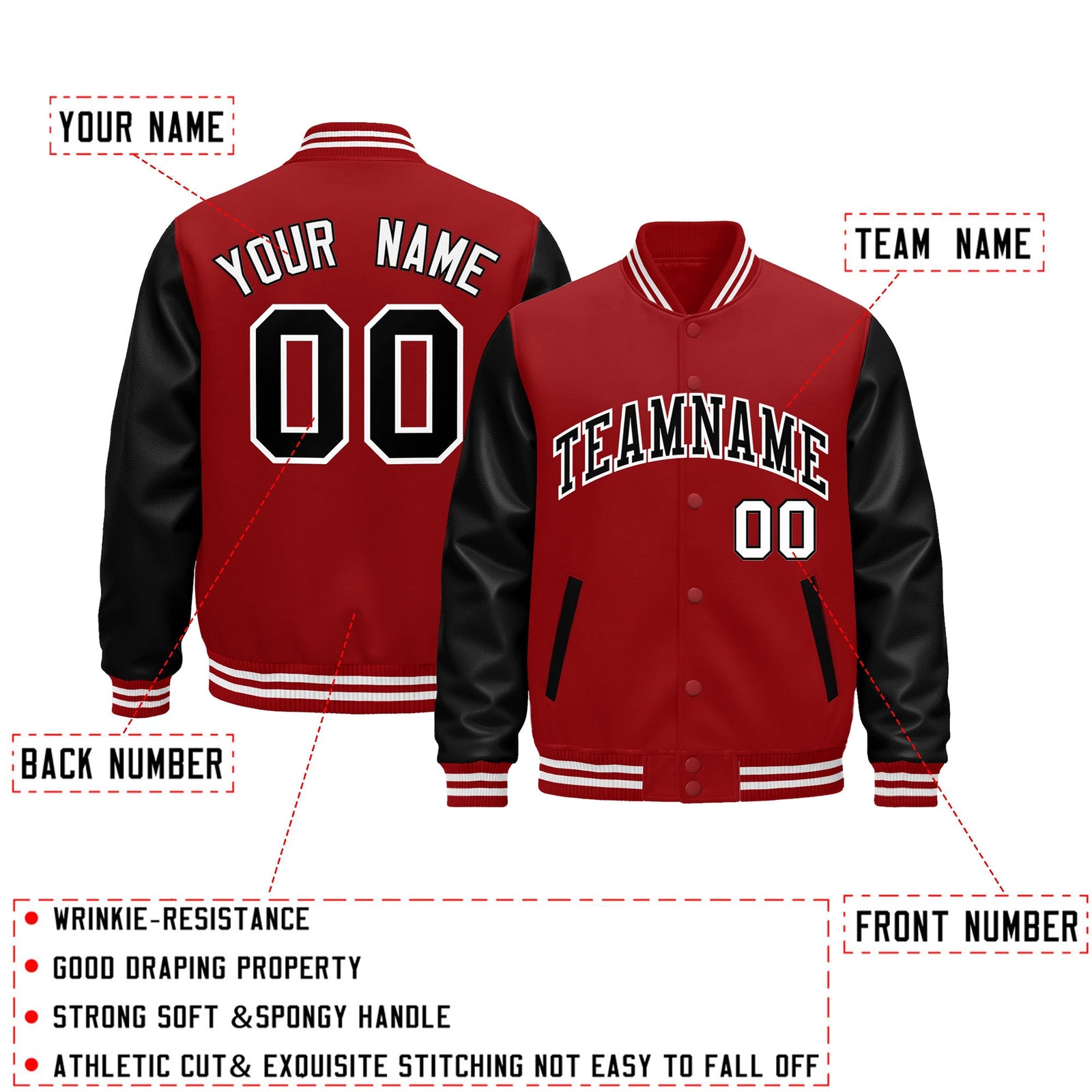 Custom Cream Black Red Raglan Sleeves Varsity Full-Snap Leather Sleeves Letterman Jacket| KXKSHOP
