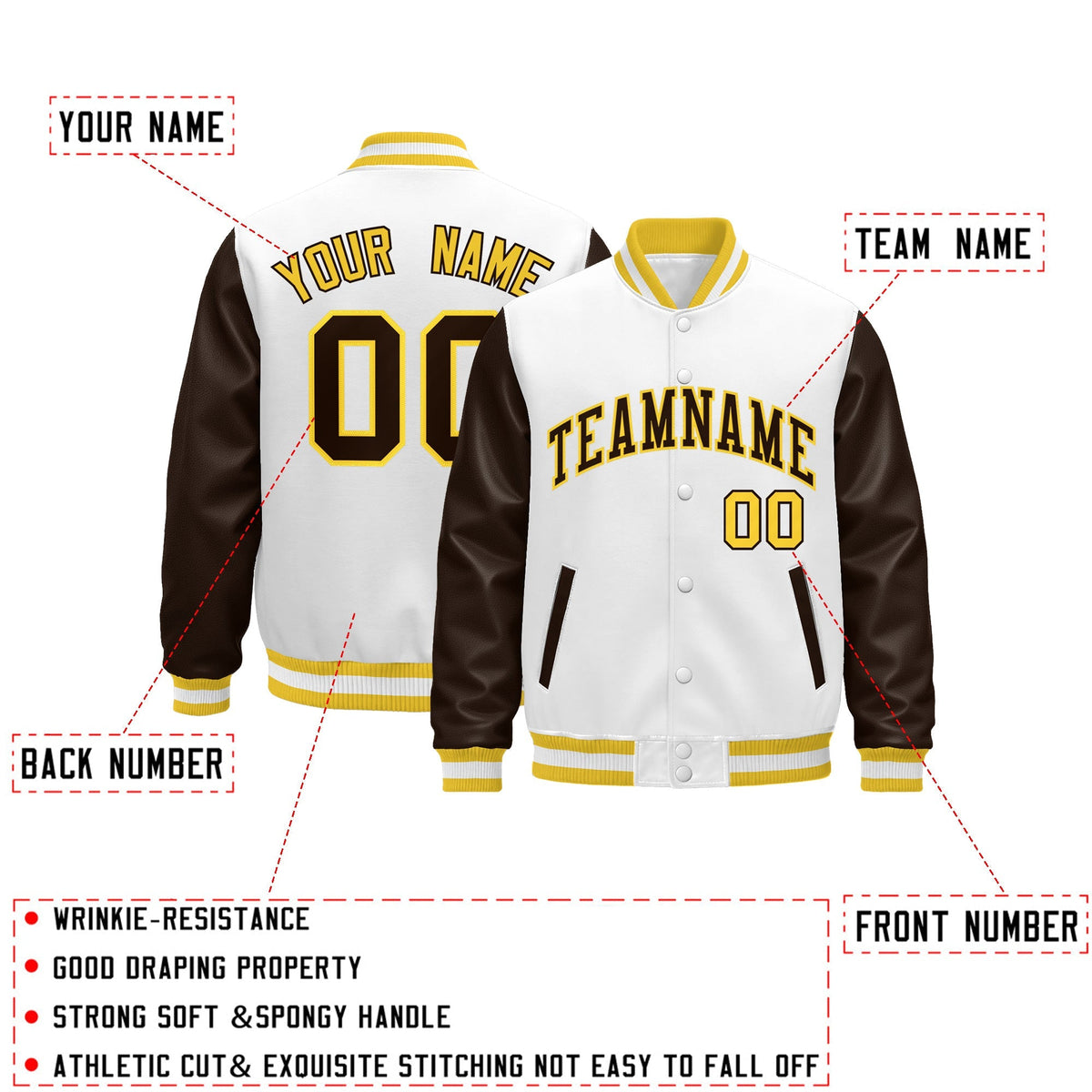 Custom White Brown Gold Raglan Sleeves Varsity Full-Snap Leather Sleeves Letterman Jacket| KXKSHOP