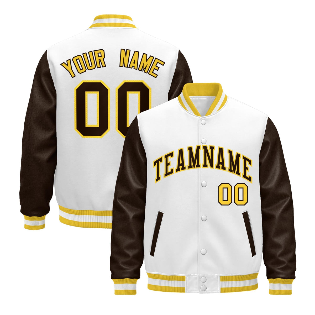 Custom White Brown Gold Raglan Sleeves Varsity Full-Snap Leather Sleeves Letterman Jacket| KXKSHOP