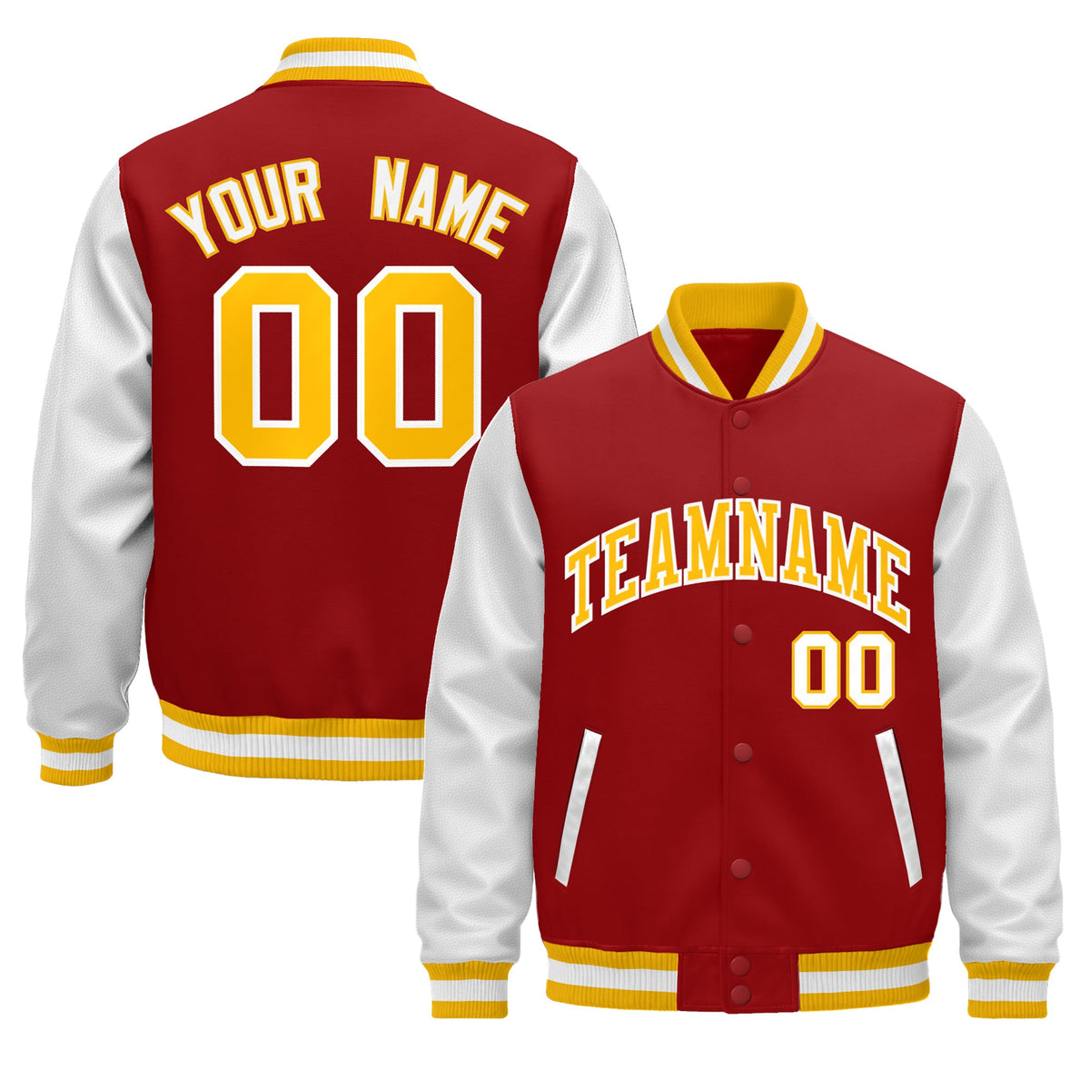 Custom Red White Gold Raglan Sleeves Varsity Full-Snap Leather Sleeves Letterman Jacket| KXKSHOP