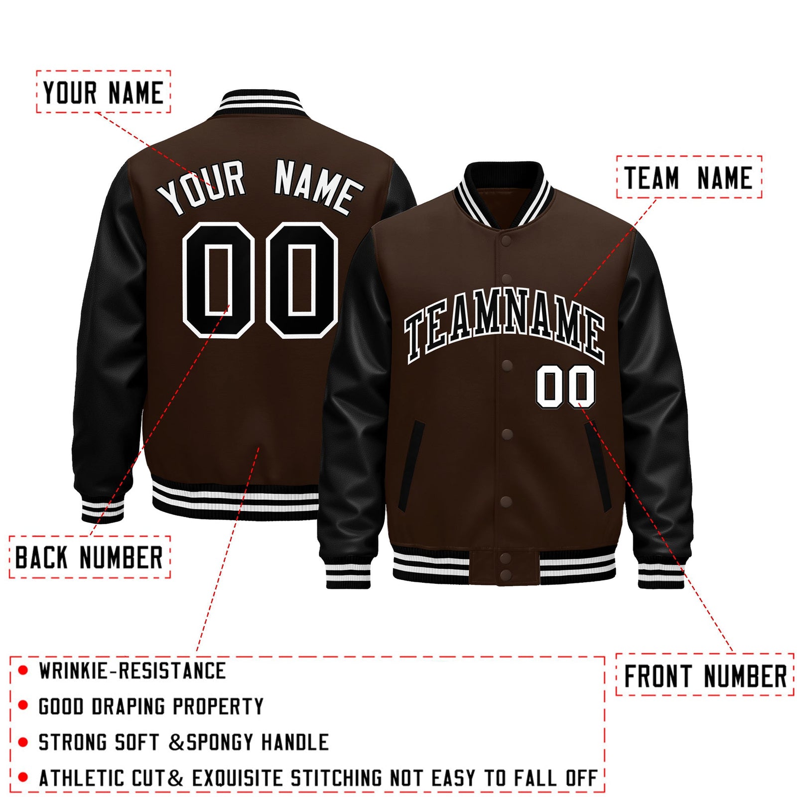 Custom Black Brown White Raglan Sleeves Varsity Full-Snap Leather Sleeves Letterman Jacket| KXKSHOP