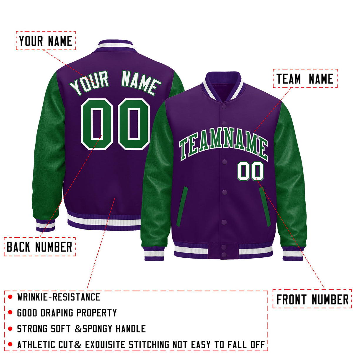 Custom Purple Kelly Green White Raglan Sleeves Varsity Full-Snap Letterman Jacket| KXKSHOP