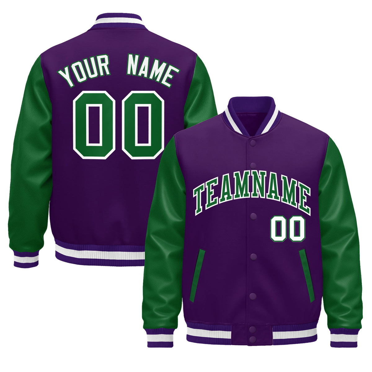 Custom Purple Kelly Green White Raglan Sleeves Varsity Full-Snap Leather Sleeves Letterman Jacket| KXKSHOP