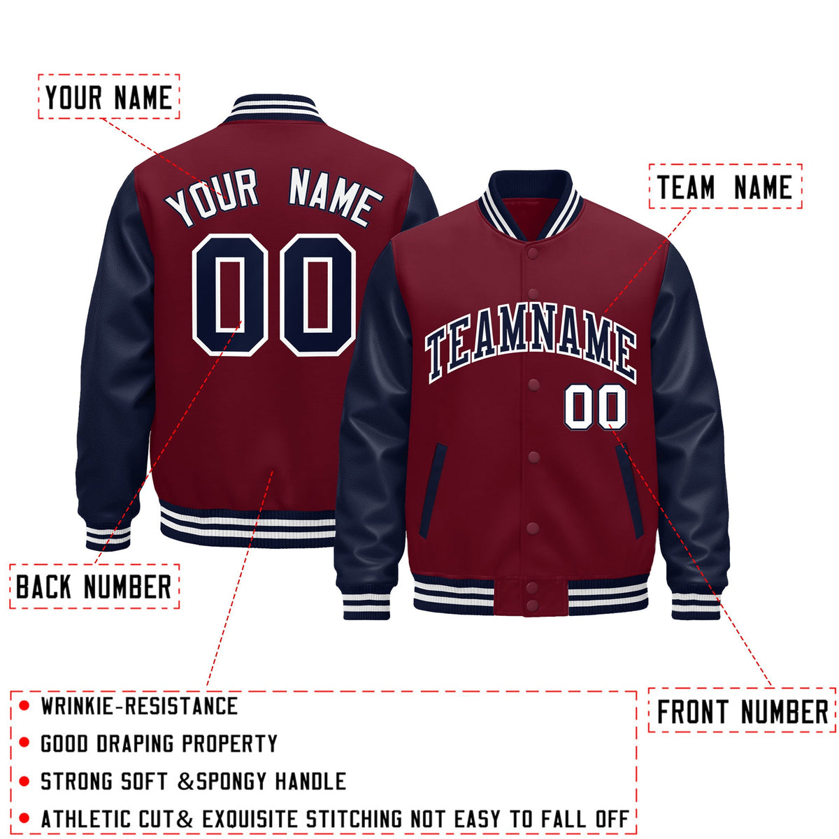 Custom Crimson Navy White Raglan Sleeves Varsity Full-Snap Leather Sleeves Letterman Jacket| KXKSHOP