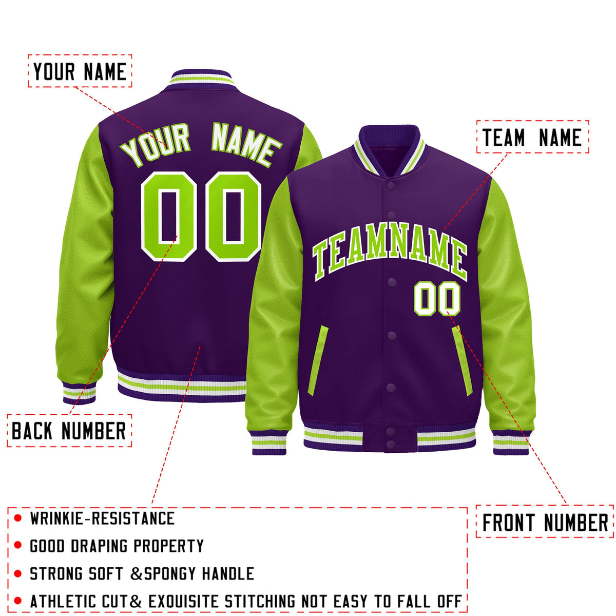Custom Purple Neon Green White Raglan Sleeves Varsity Full-Snap Leather Sleeves Letterman Jacket| KXKSHOP