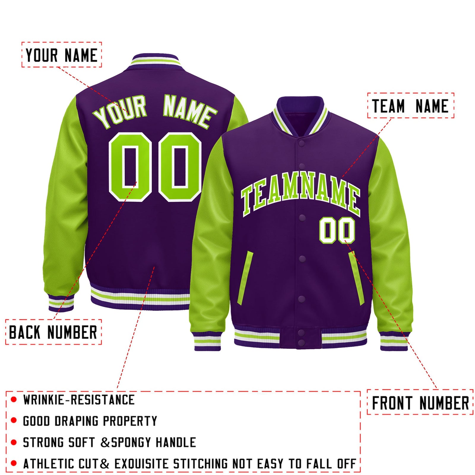 Custom Purple Neon Green White Raglan Sleeves Varsity Full-Snap Leather Sleeves Letterman Jacket| KXKSHOP