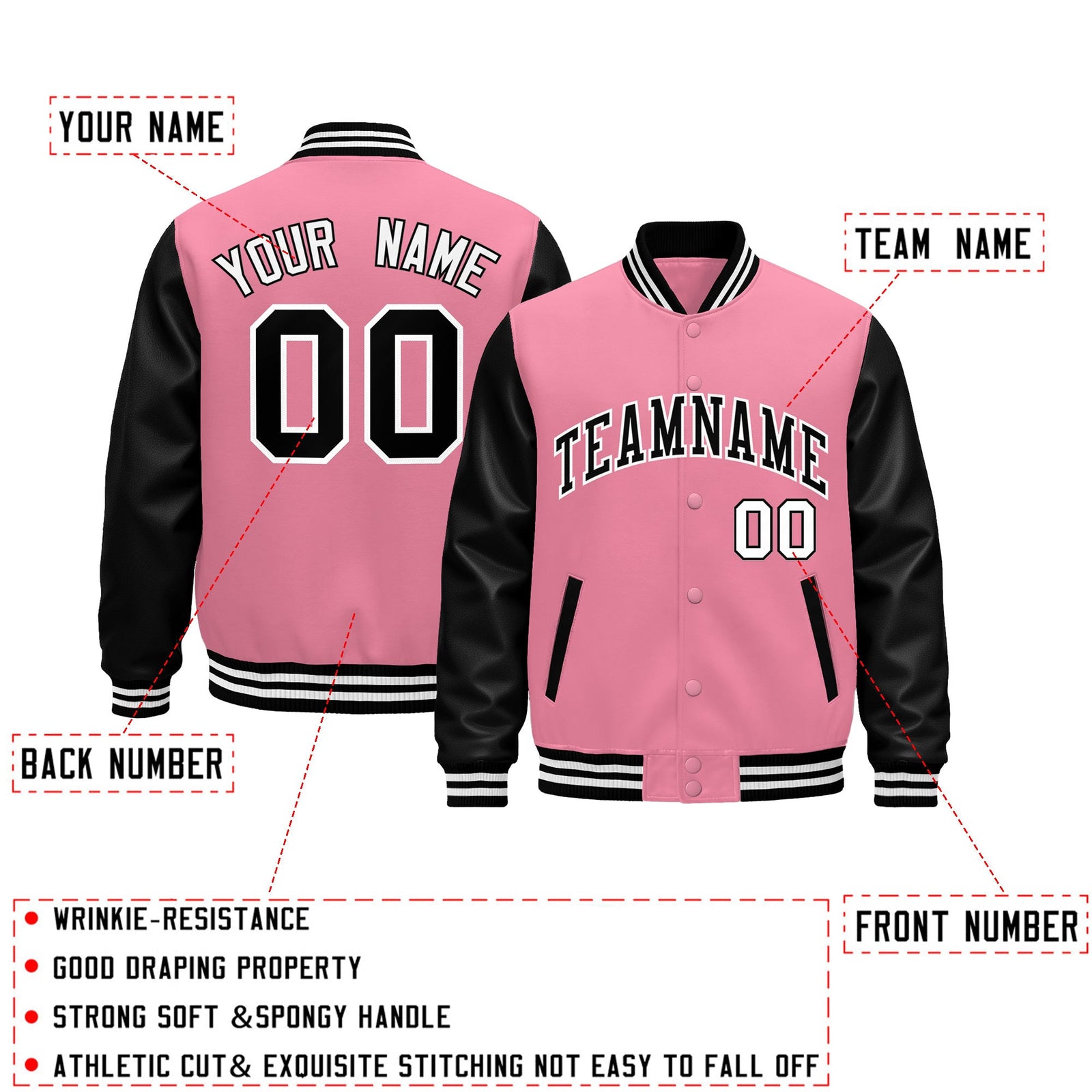 Custom Light Pink Black White Raglan Sleeves Varsity Full-Snap Leather Sleeves Letterman Jacket| KXKSHOP