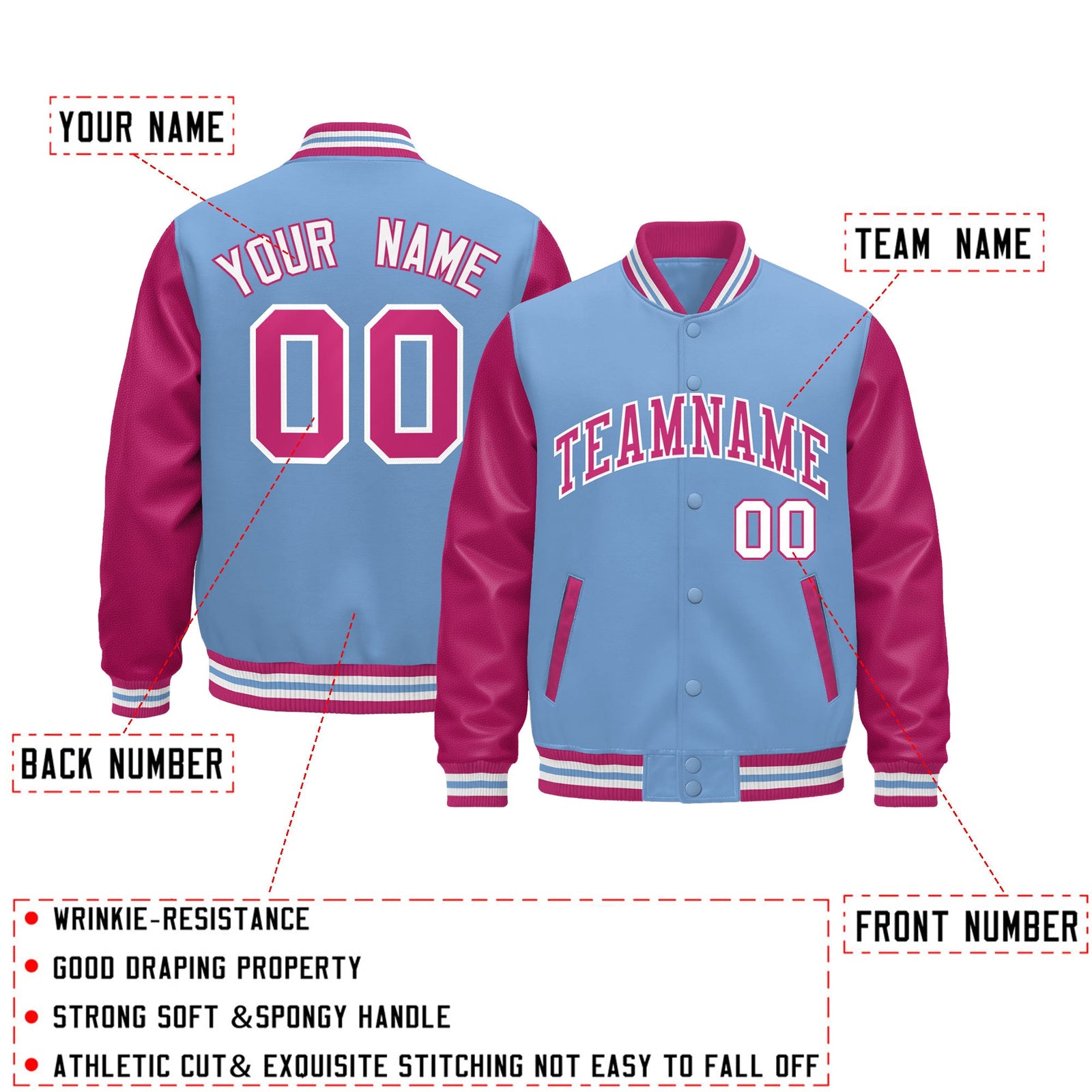 Custom Light Blue Pink White Raglan Sleeves Varsity Full-Snap Leather Sleeves Letterman Jacket| KXKSHOP