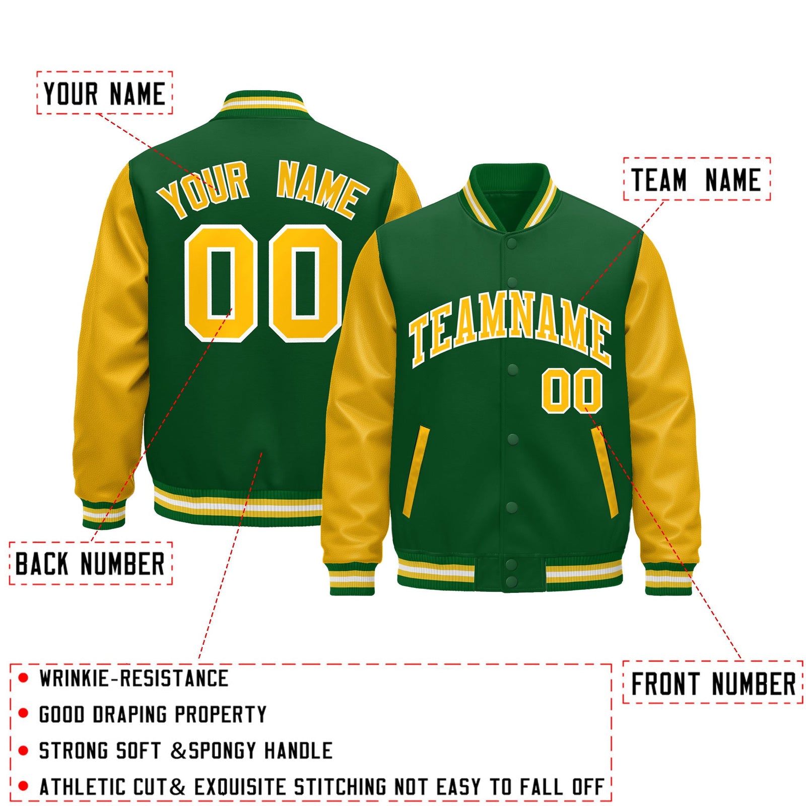Custom Kelly Green Gold White Raglan Sleeves Varsity Full-Snap Leather Sleeves Letterman Jacket| KXKSHOP