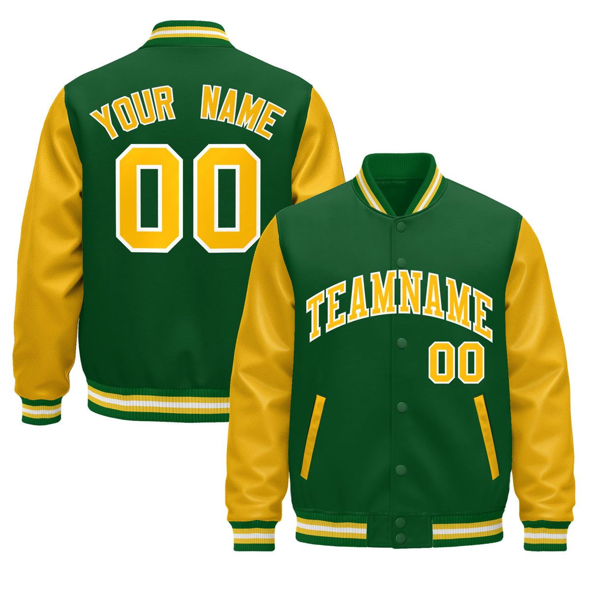 Custom Kelly Green Gold White Raglan Sleeves Varsity Full-Snap Letterman Jacket| KXKSHOP