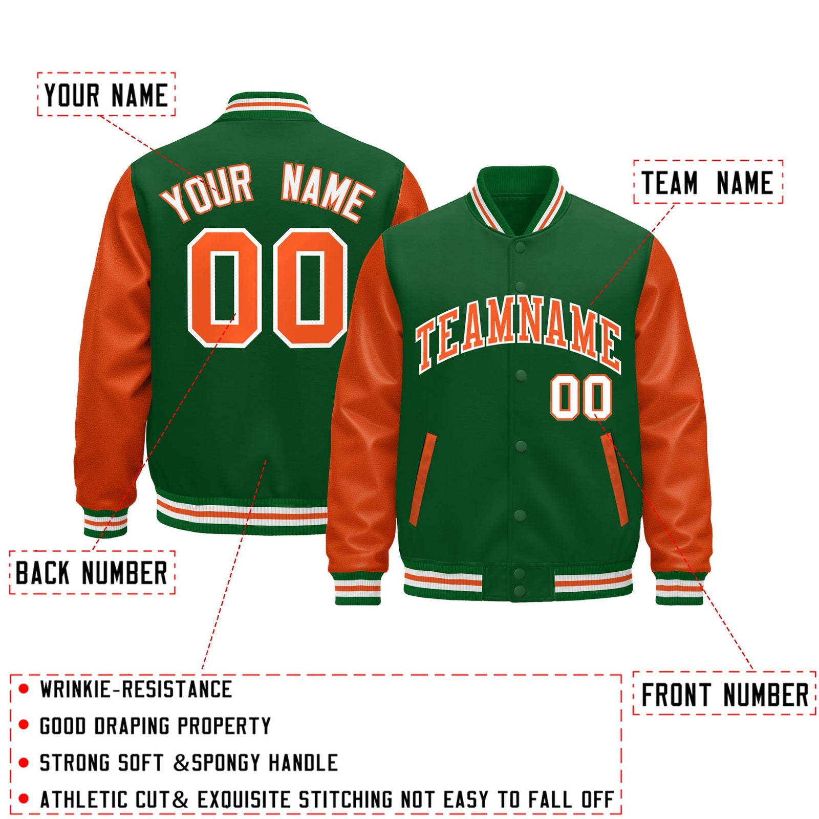 Custom Kelly Green Orange White Raglan Sleeves Varsity Full-Snap Letterman Jacket| KXKSHOP