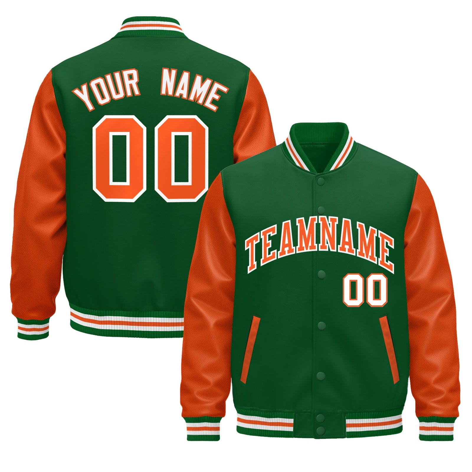 Custom Kelly Green Orange White Raglan Sleeves Varsity Full-Snap Letterman Jacket| KXKSHOP
