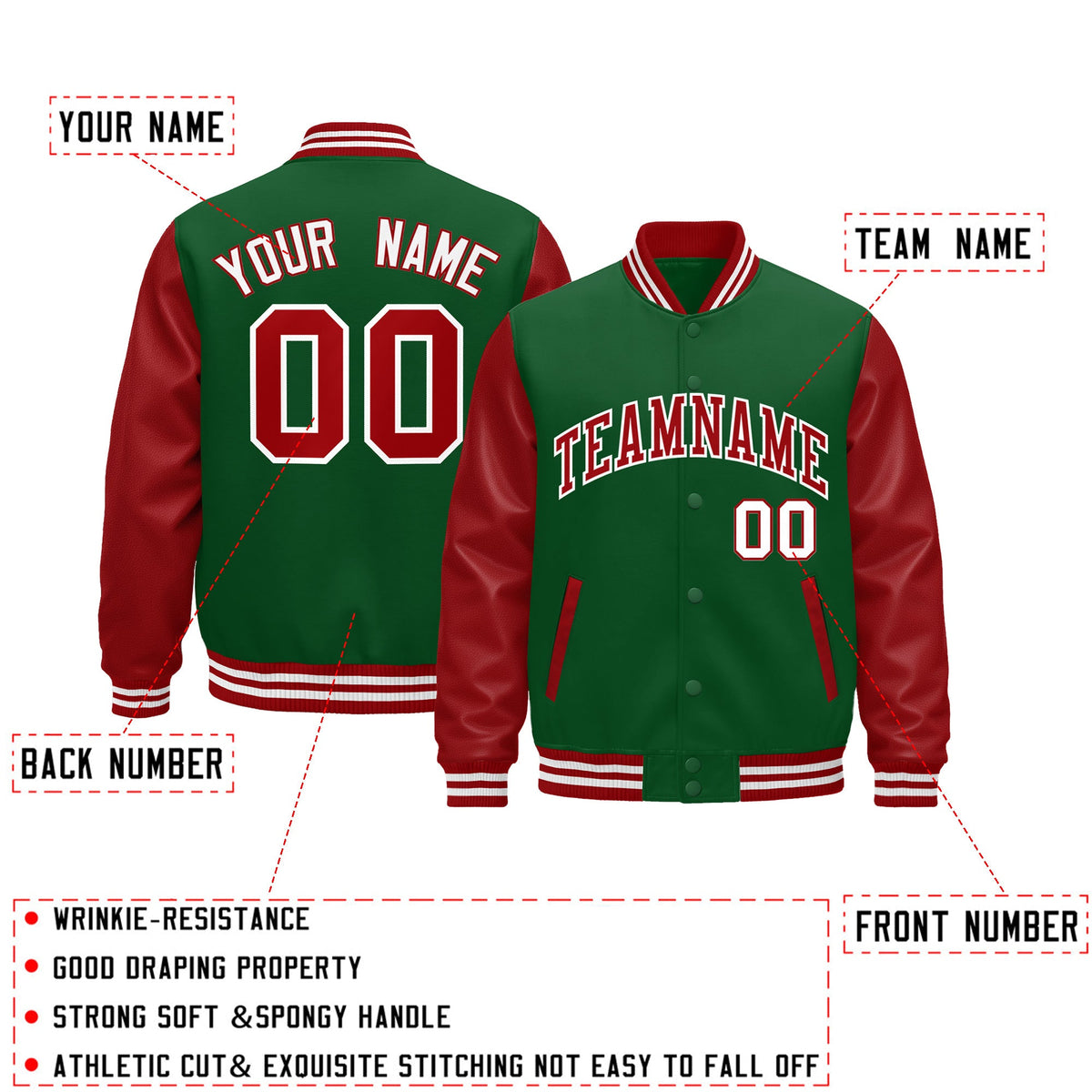 Custom Kelly Green Red White Raglan Sleeves Varsity Full-Snap Letterman Jacket| KXKSHOP