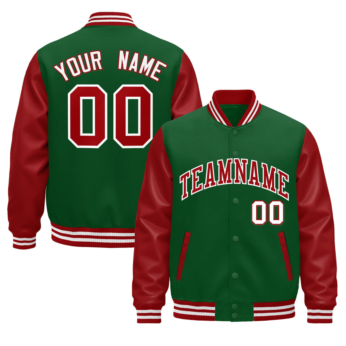 Custom Kelly Green Red White Raglan Sleeves Varsity Full-Snap Letterman Jacket| KXKSHOP