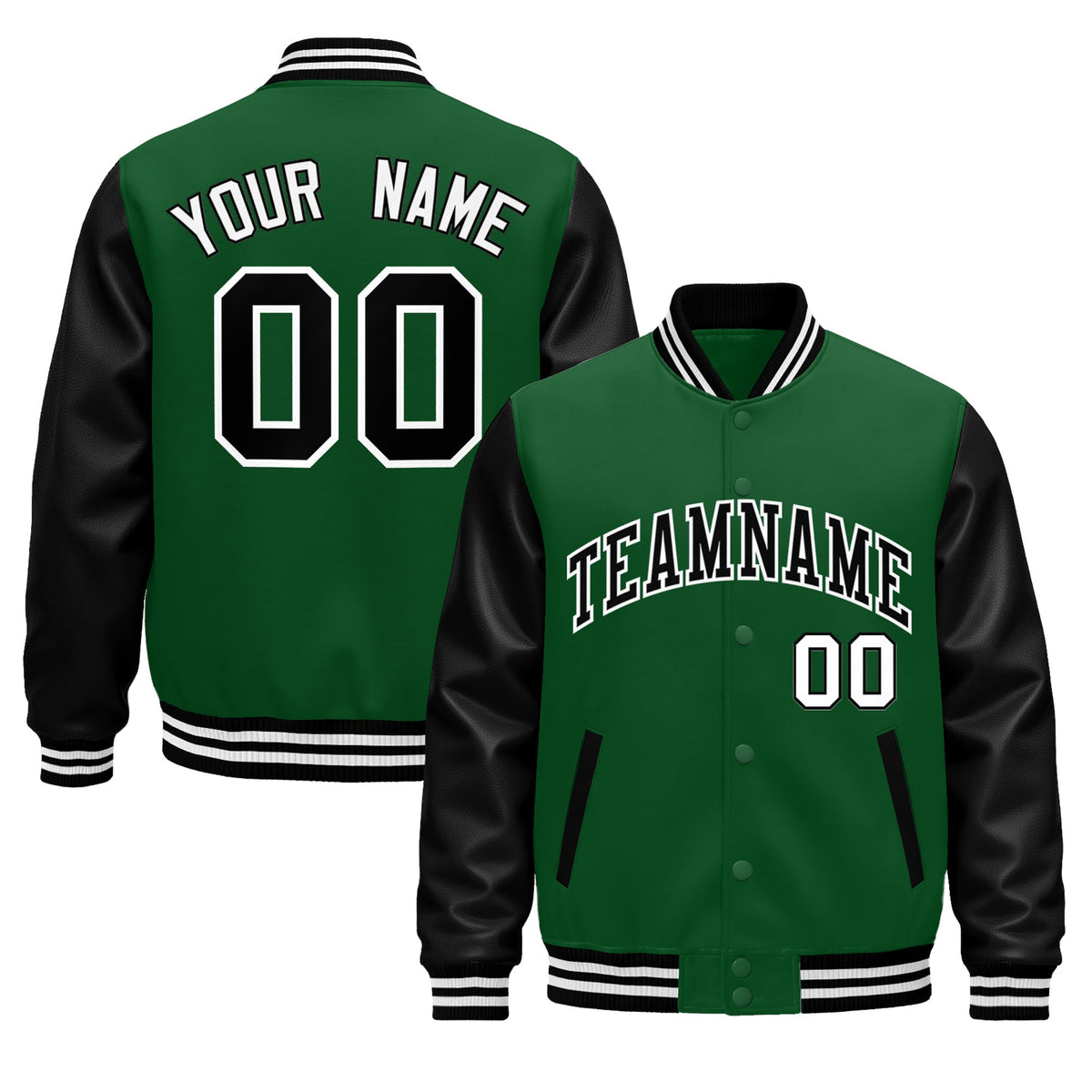 Custom Kelly Green Black White Raglan Sleeves Varsity Full-Snap Letterman Jacket| KXKSHOP