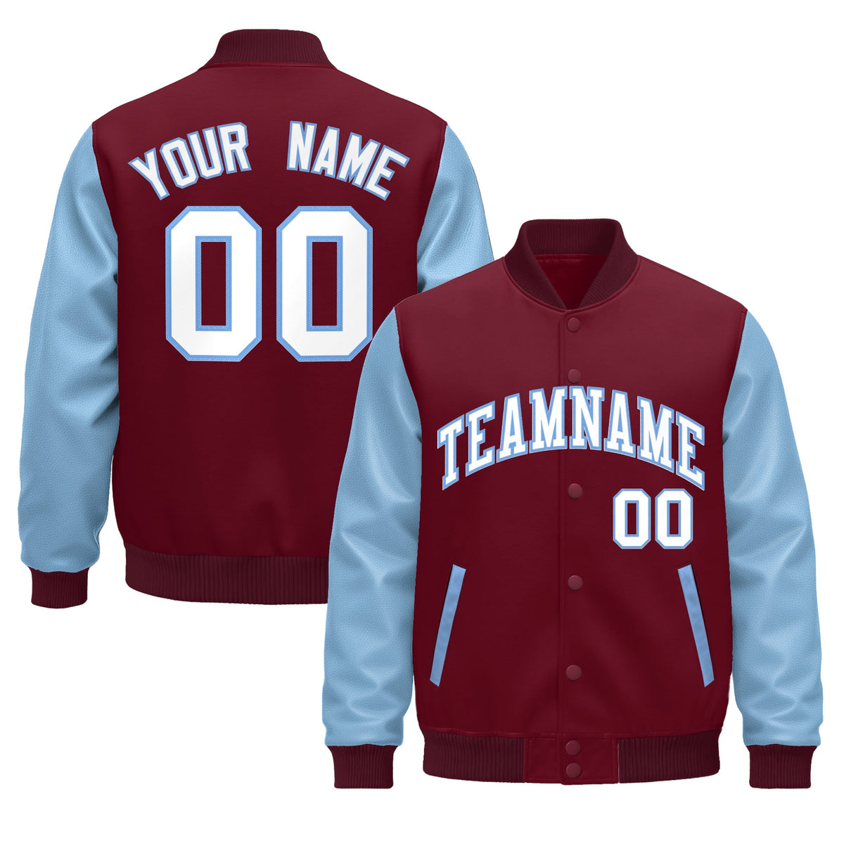 Custom Crimson Light Blue White Raglan Sleeves Varsity Full-Snap Leather Sleeves Letterman Jacket| KXKSHOP
