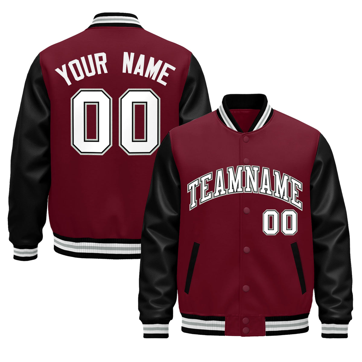 Custom Crimson Black White Gray Raglan Sleeves Varsity Full-Snap Leather Sleeves Letterman Jacket| KXKSHOP