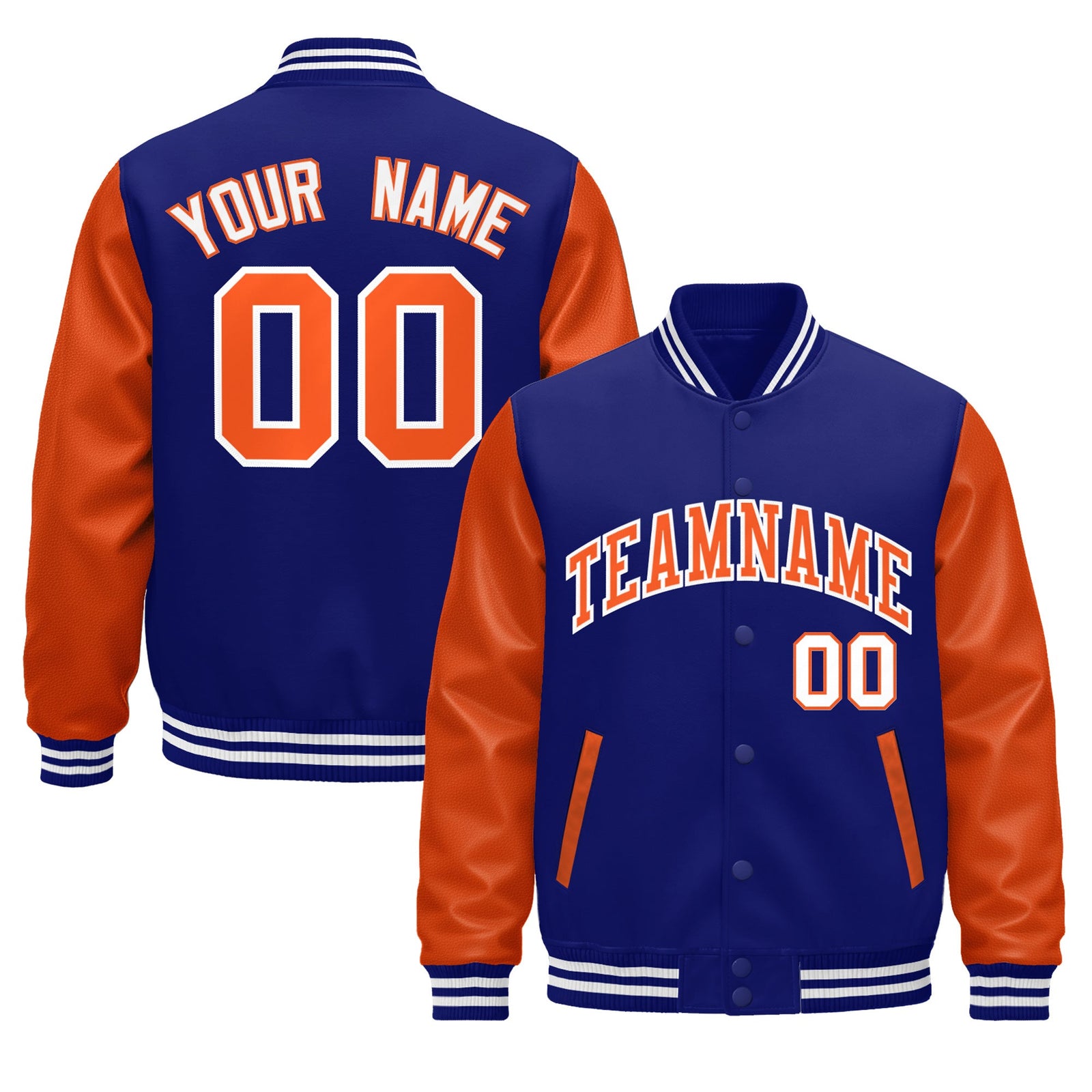 Custom Royal Blue Orange White Raglan Sleeves Varsity Full-Snap Leather Sleeves Letterman Jacket| KXKSHOP