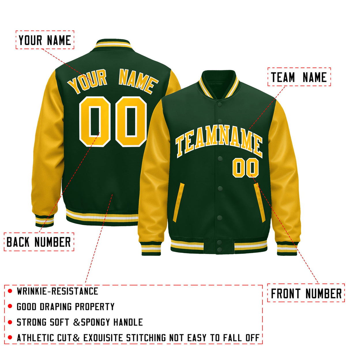 Custom Dark Green Gold White Raglan Sleeves Varsity Full-Snap Leather Sleeves Letterman Jacket| KXKSHOP