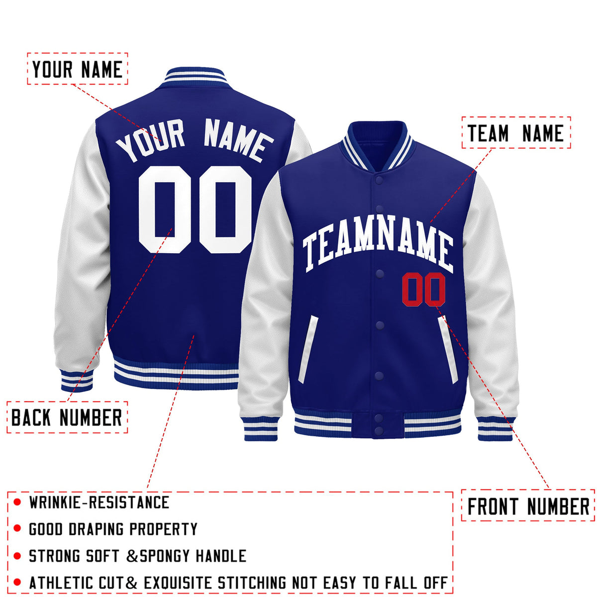 Custom Royal Blue White Raglan Sleeves Varsity Full-Snap Leather Sleeves Letterman Jacket| KXKSHOP
