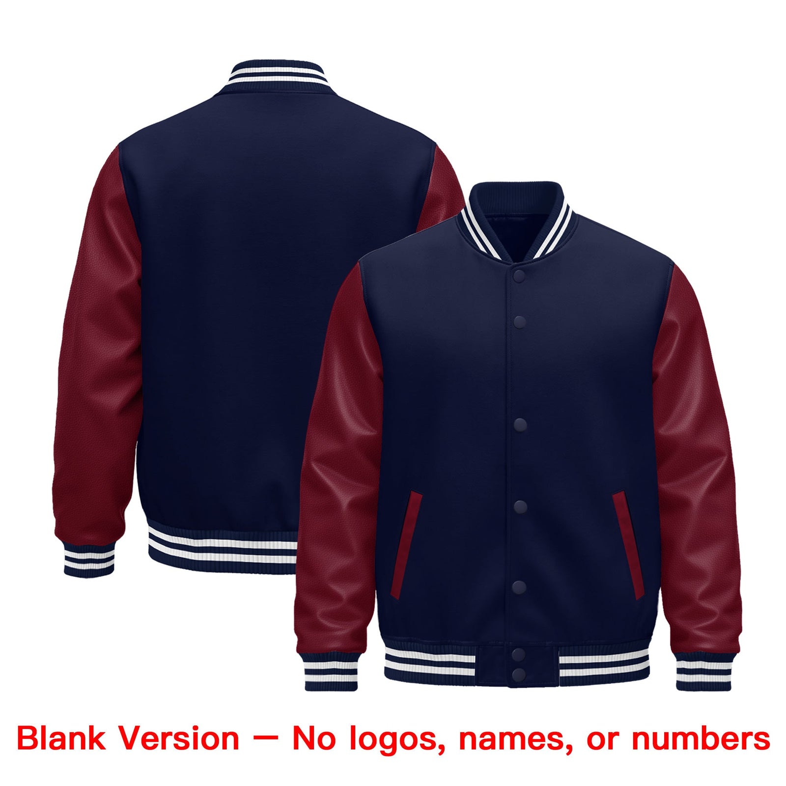 Custom Navy Burgundy White Crimson Raglan Sleeves Varsity Full-Snap Leather Sleeves Letterman Jacket| KXKSHOP