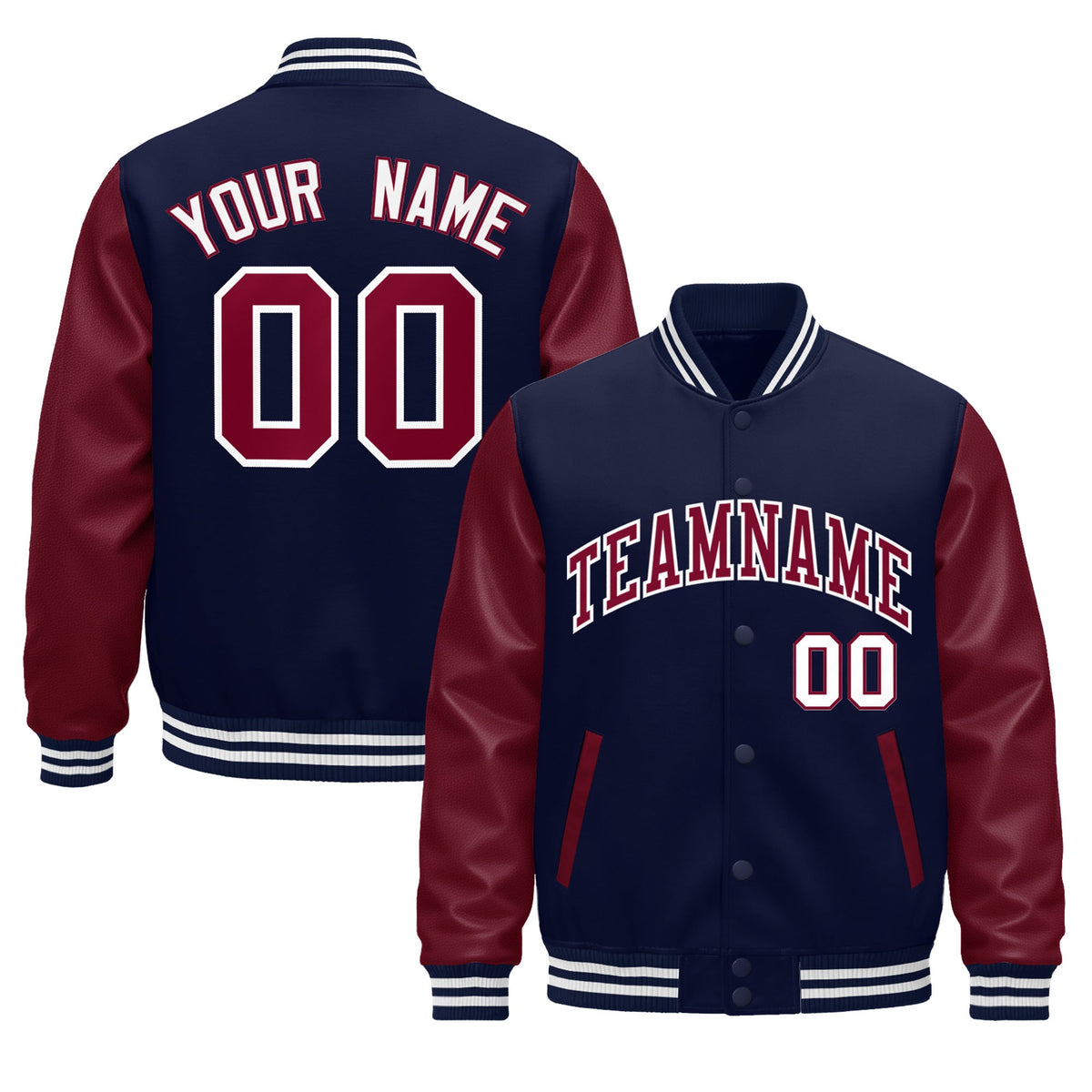 Custom Navy Burgundy White Crimson Raglan Sleeves Varsity Full-Snap Leather Sleeves Letterman Jacket| KXKSHOP