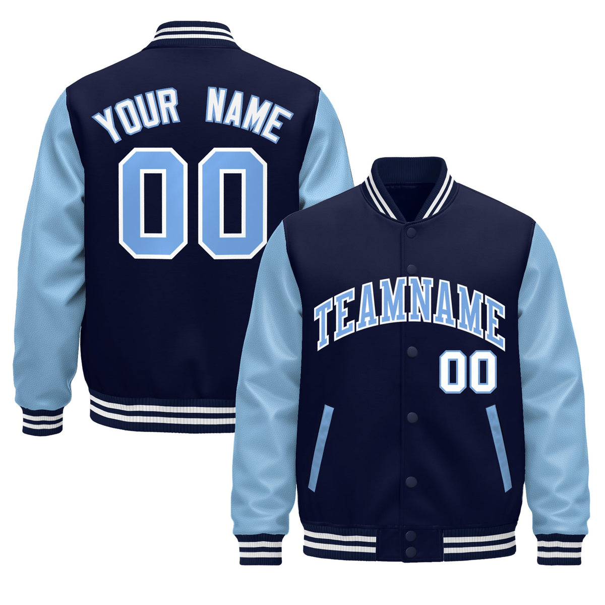 Custom Navy Light Blue White Raglan Sleeves Varsity Full-Snap Leather Sleeves Letterman Jacket| KXKSHOP