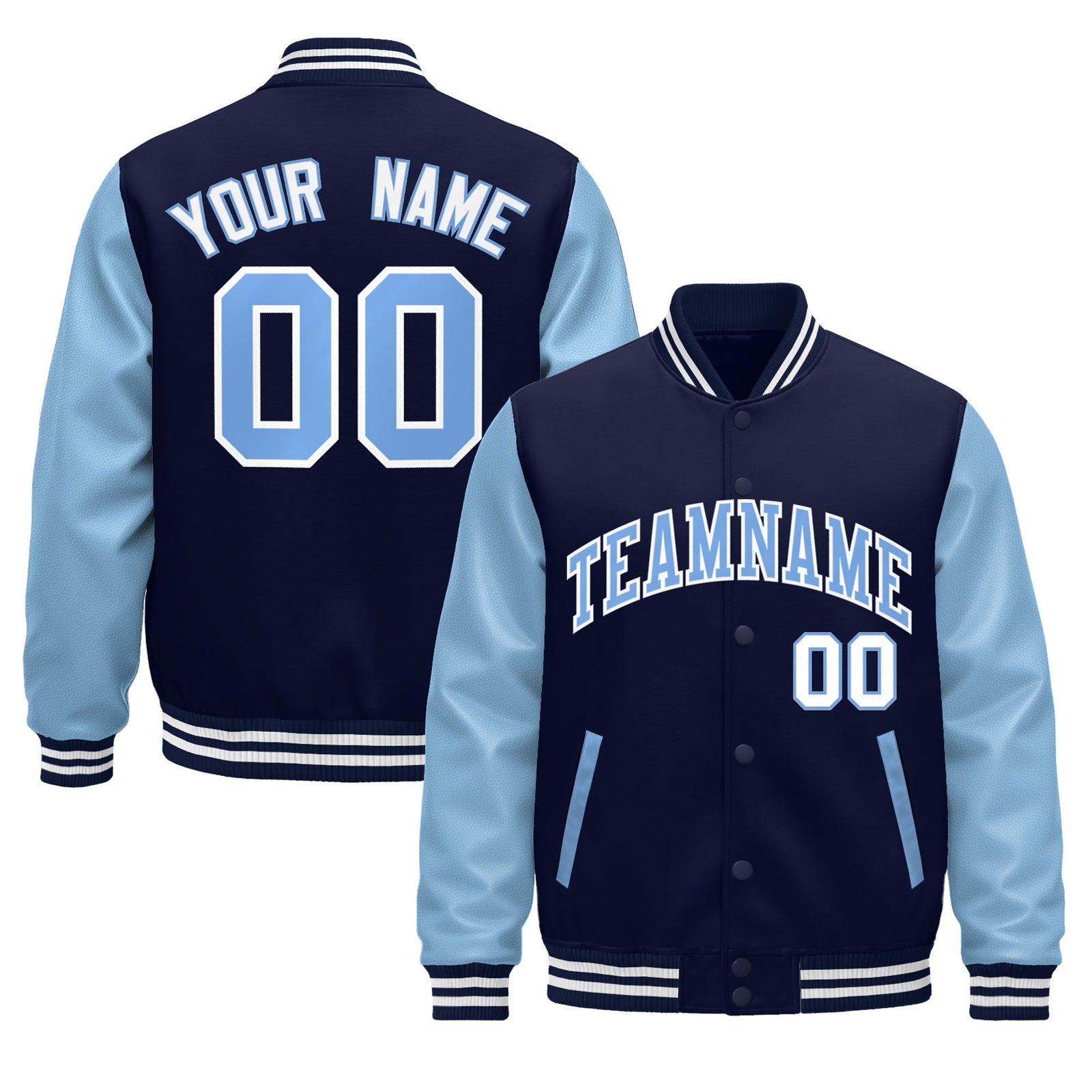 Custom Navy Light Blue White Raglan Sleeves Varsity Full-Snap Leather Sleeves Letterman Jacket| KXKSHOP