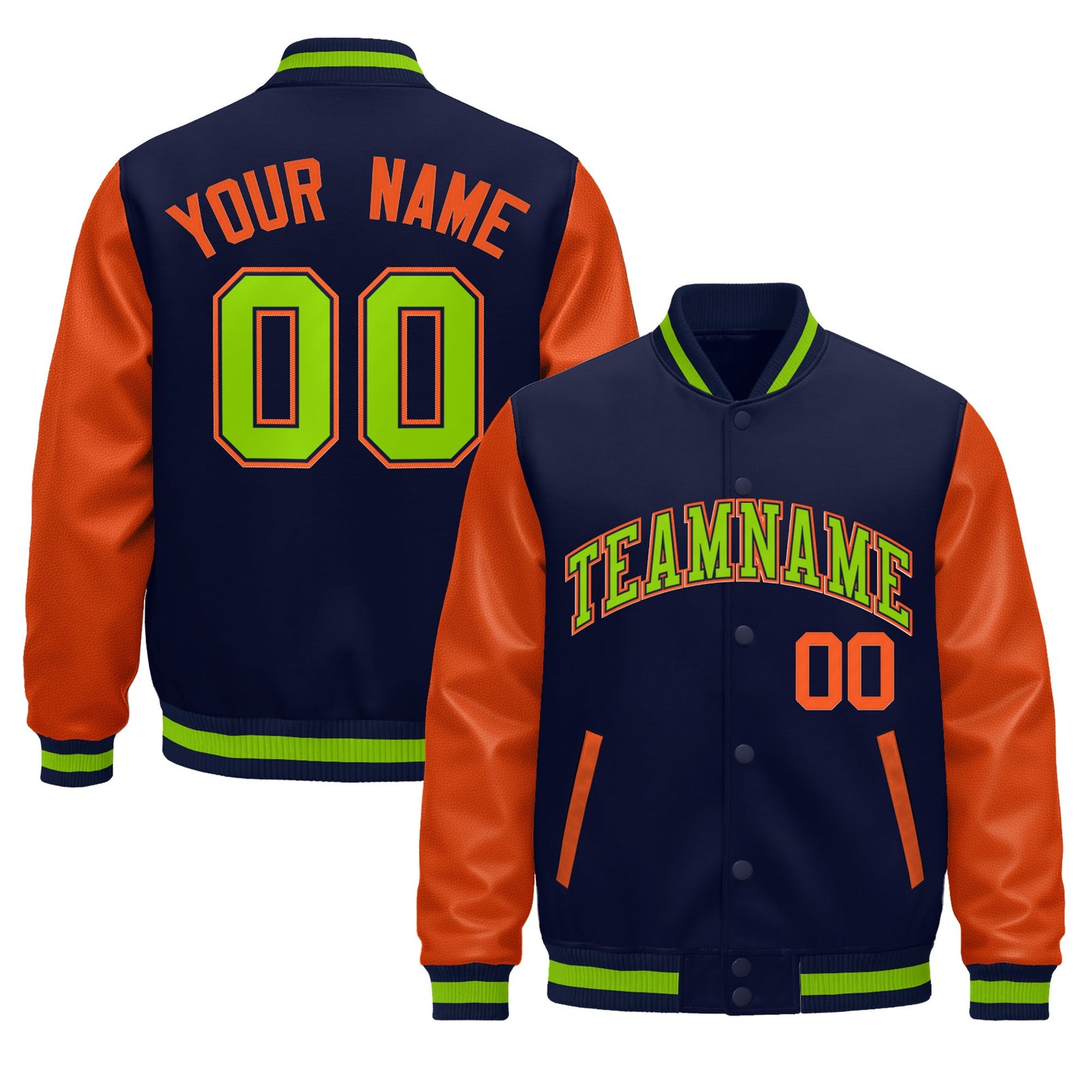 Custom Navy Orange Neon Green Raglan Sleeves Varsity Full-Snap Leather Sleeves Letterman Jacket| KXKSHOP