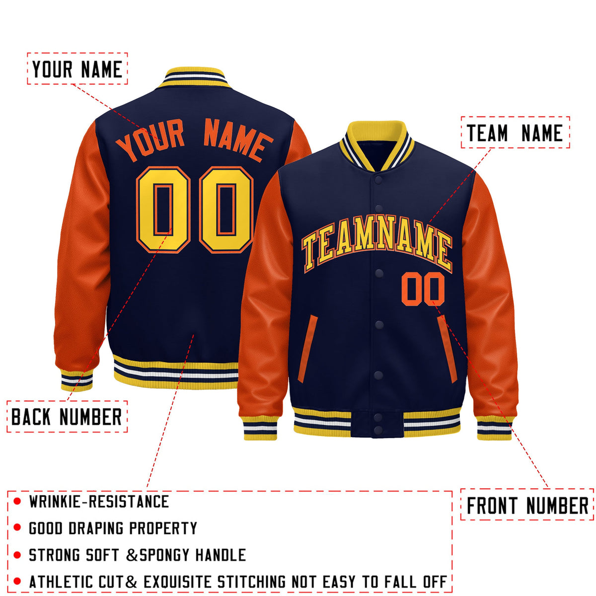 Custom Gold Orange Navy White Raglan Sleeves Varsity Full-Snap Leather Sleeves Letterman Jacket| KXKSHOP