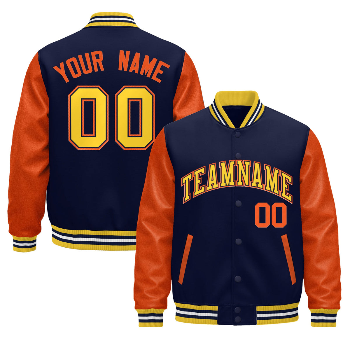 Custom Gold Orange Navy White Raglan Sleeves Varsity Full-Snap Leather Sleeves Letterman Jacket| KXKSHOP