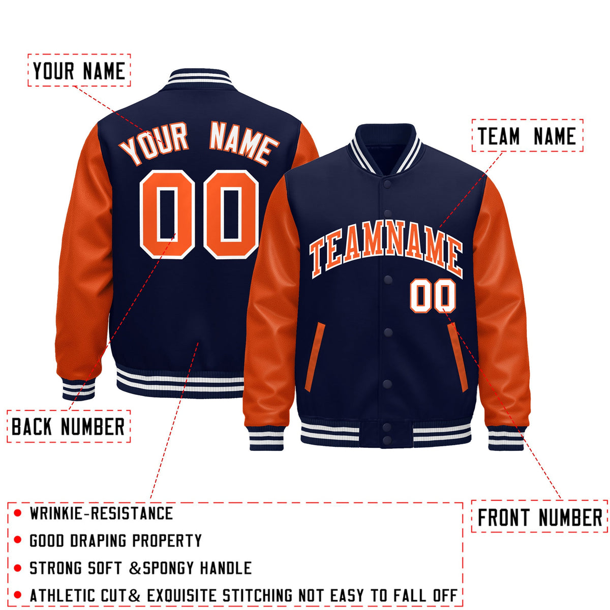 Custom Navy Orange White Raglan Sleeves Varsity Full-Snap Leather Sleeves Letterman Jacket| KXKSHOP