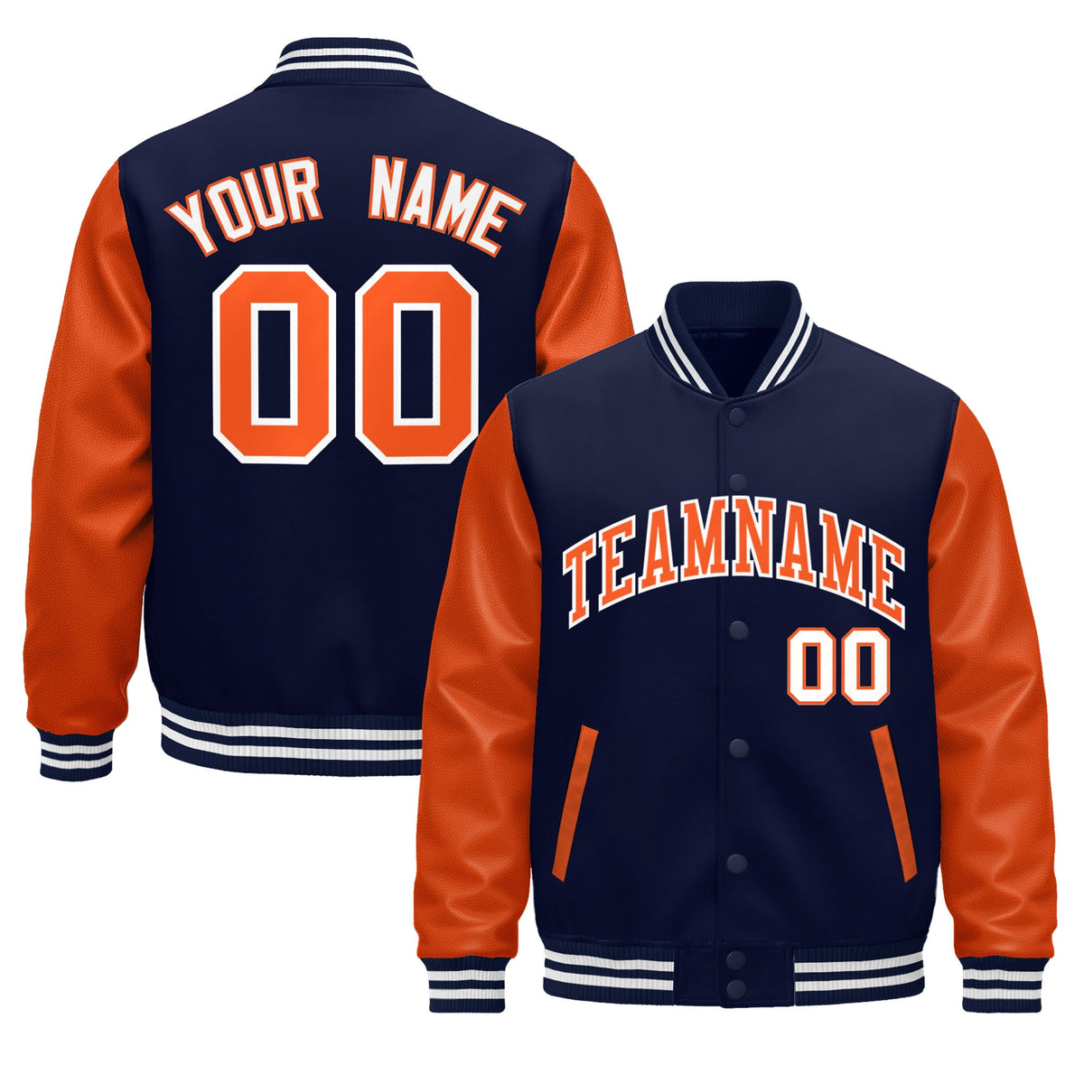 Custom Navy Orange White Raglan Sleeves Varsity Full-Snap Leather Sleeves Letterman Jacket| KXKSHOP