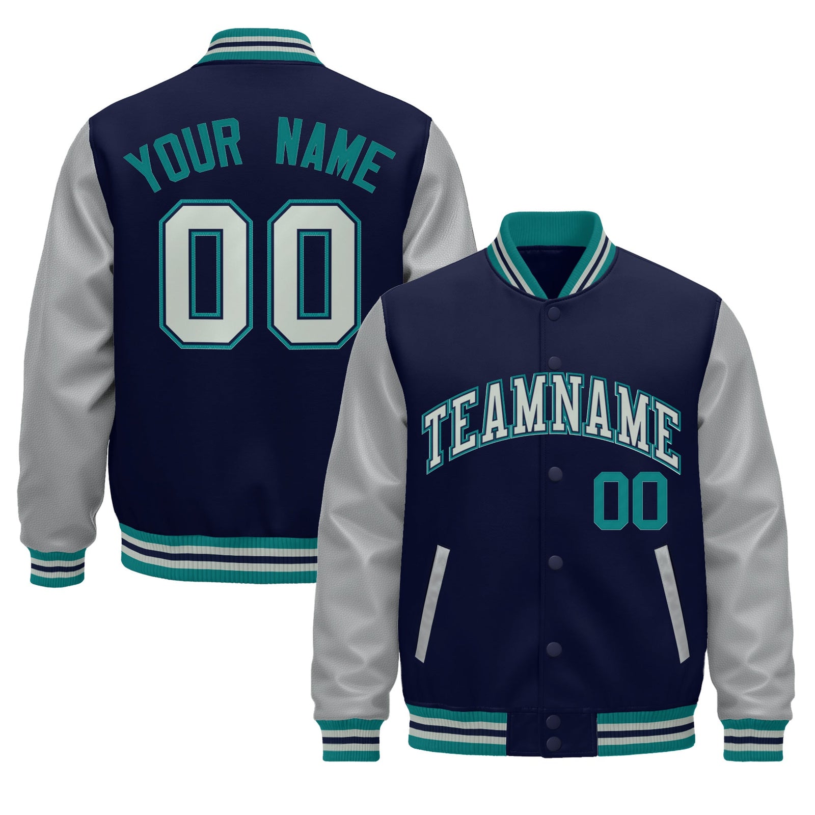 Custom Teal Gray Navy Raglan Sleeves Varsity Full-Snap Leather Sleeves Letterman Jacket| KXKSHOP