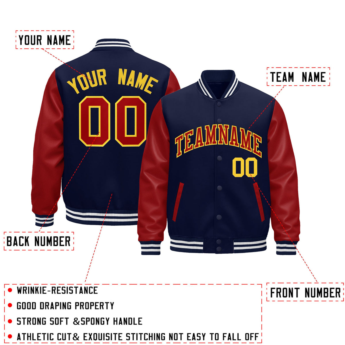Custom Navy Red White Gold Raglan Sleeves Varsity Full-Snap Leather Sleeves Letterman Jacket| KXKSHOP