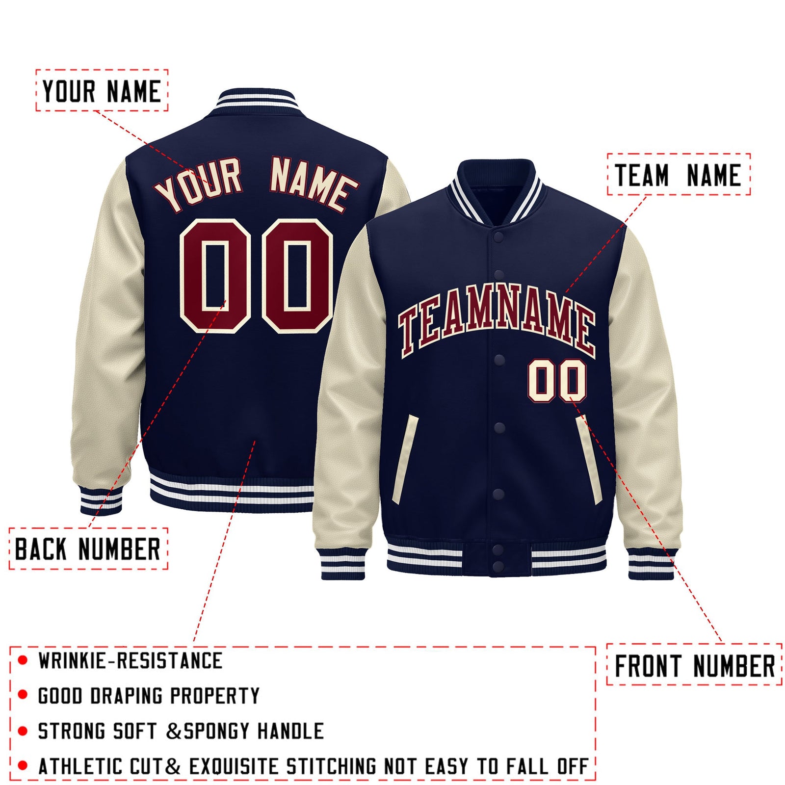 Custom Navy Cream White Raglan Sleeves Varsity Full-Snap Leather Sleeves Letterman Jacket| KXKSHOP