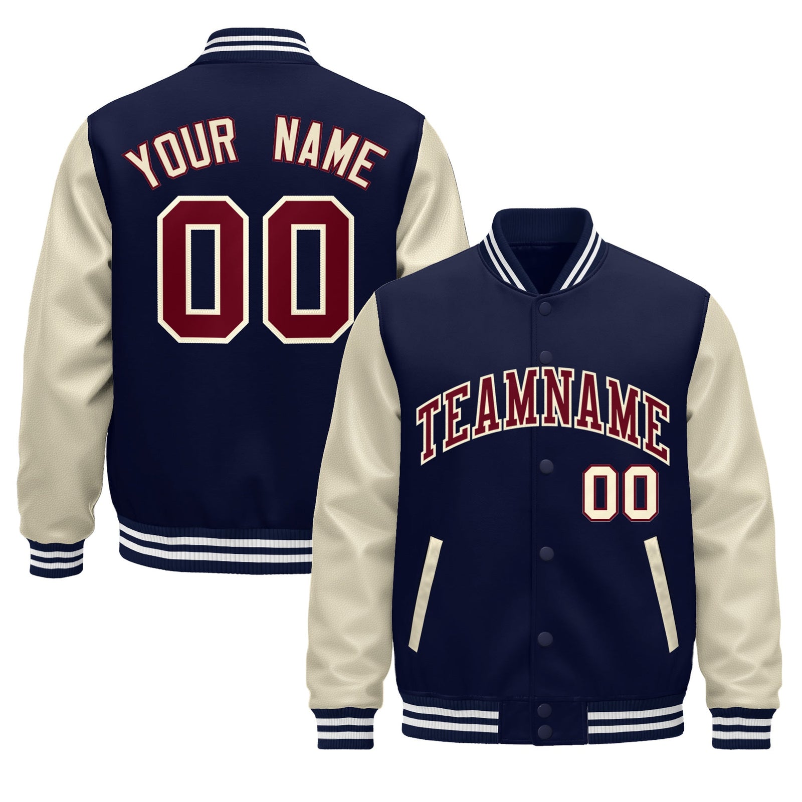 Custom Navy Cream White Raglan Sleeves Varsity Full-Snap Leather Sleeves Letterman Jacket| KXKSHOP