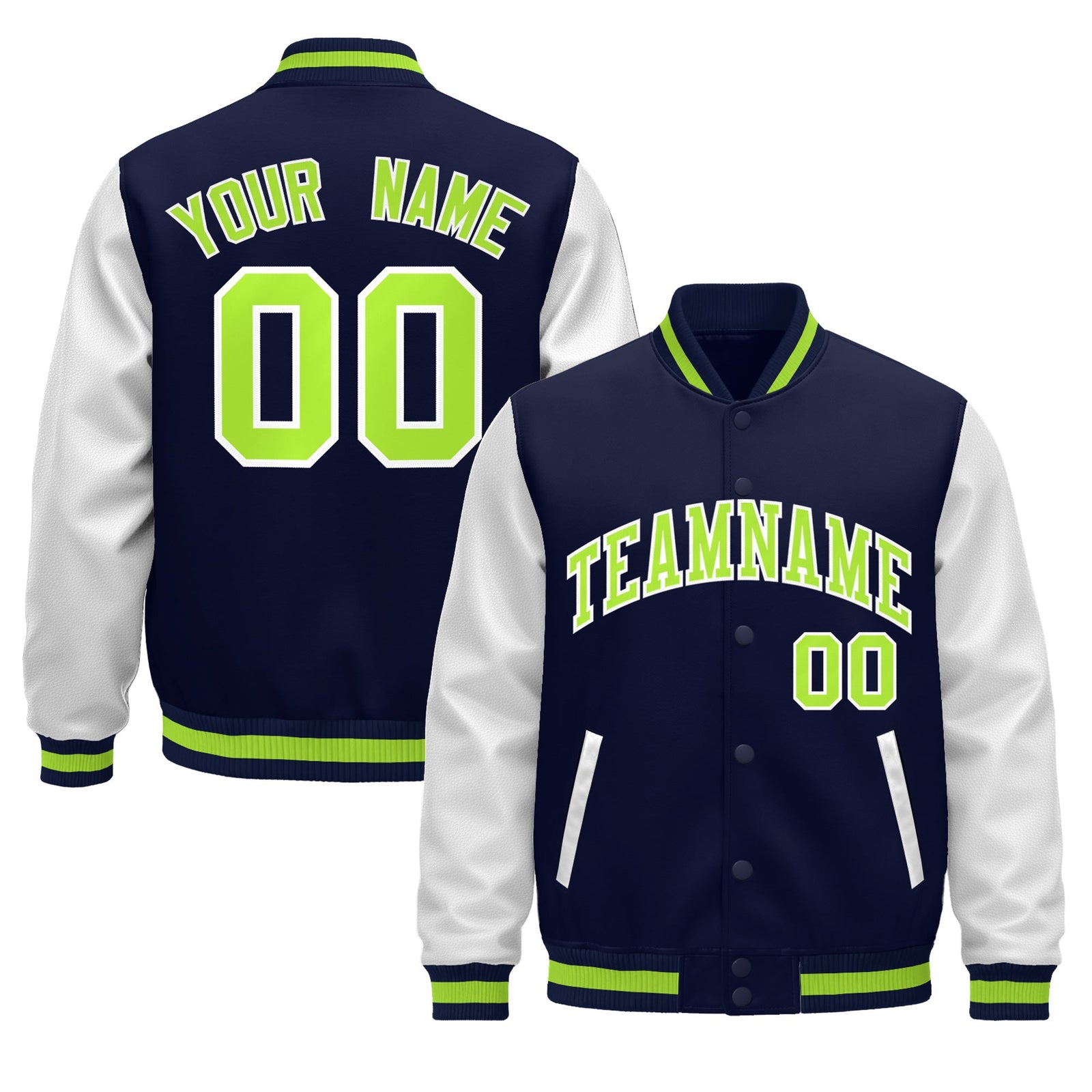 Custom Navy White Neon Green Raglan Sleeves Varsity Full-Snap Leather Sleeves Letterman Jacket| KXKSHOP