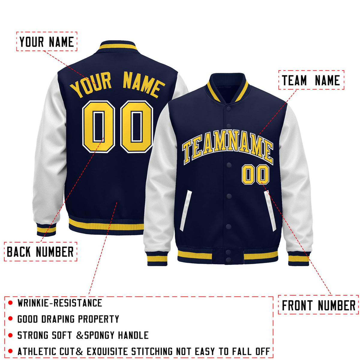Custom Navy White Gold Raglan Sleeves Varsity Full-Snap Leather Sleeves Letterman Jacket| KXKSHOP
