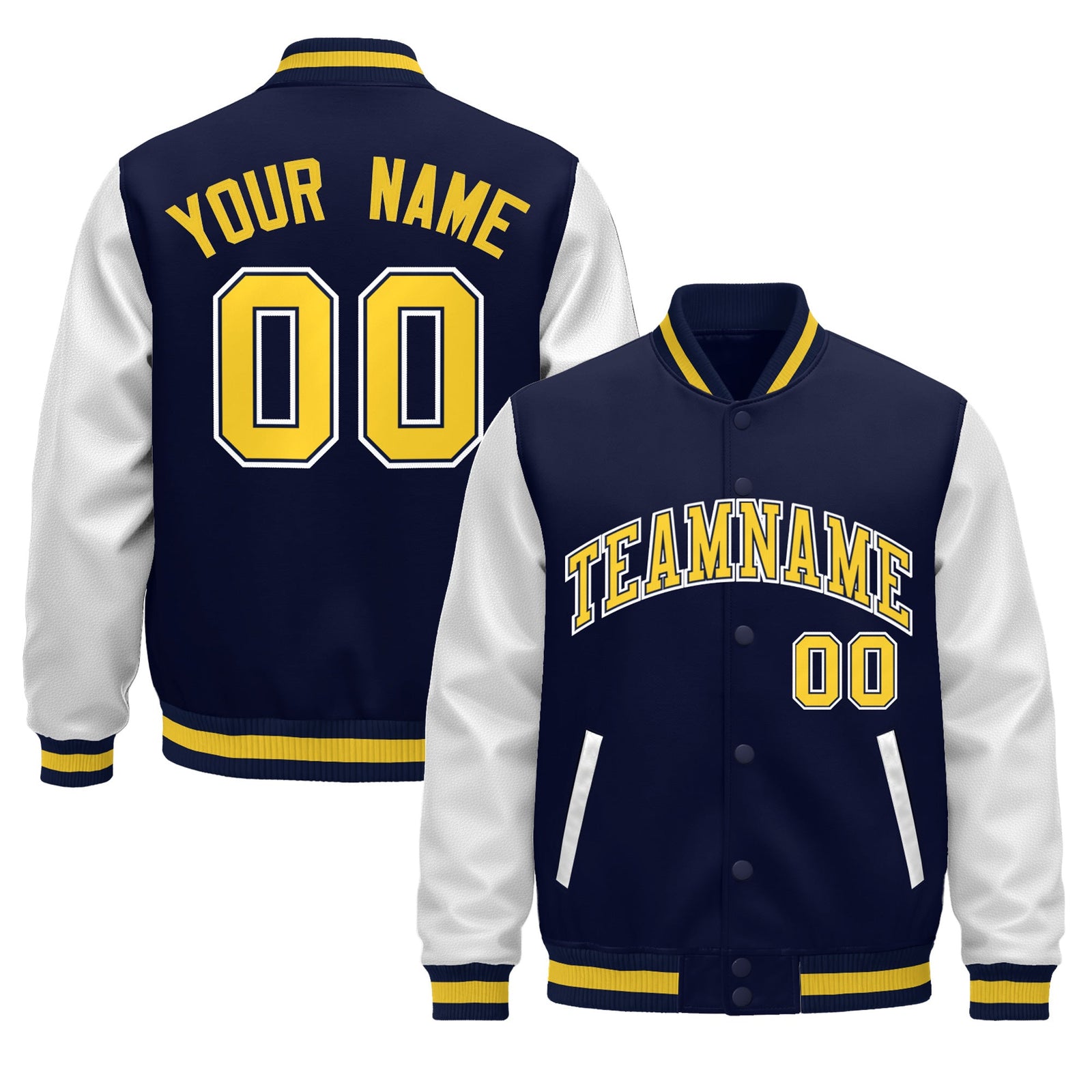 Custom Navy White Gold Raglan Sleeves Varsity Full-Snap Leather Sleeves Letterman Jacket| KXKSHOP