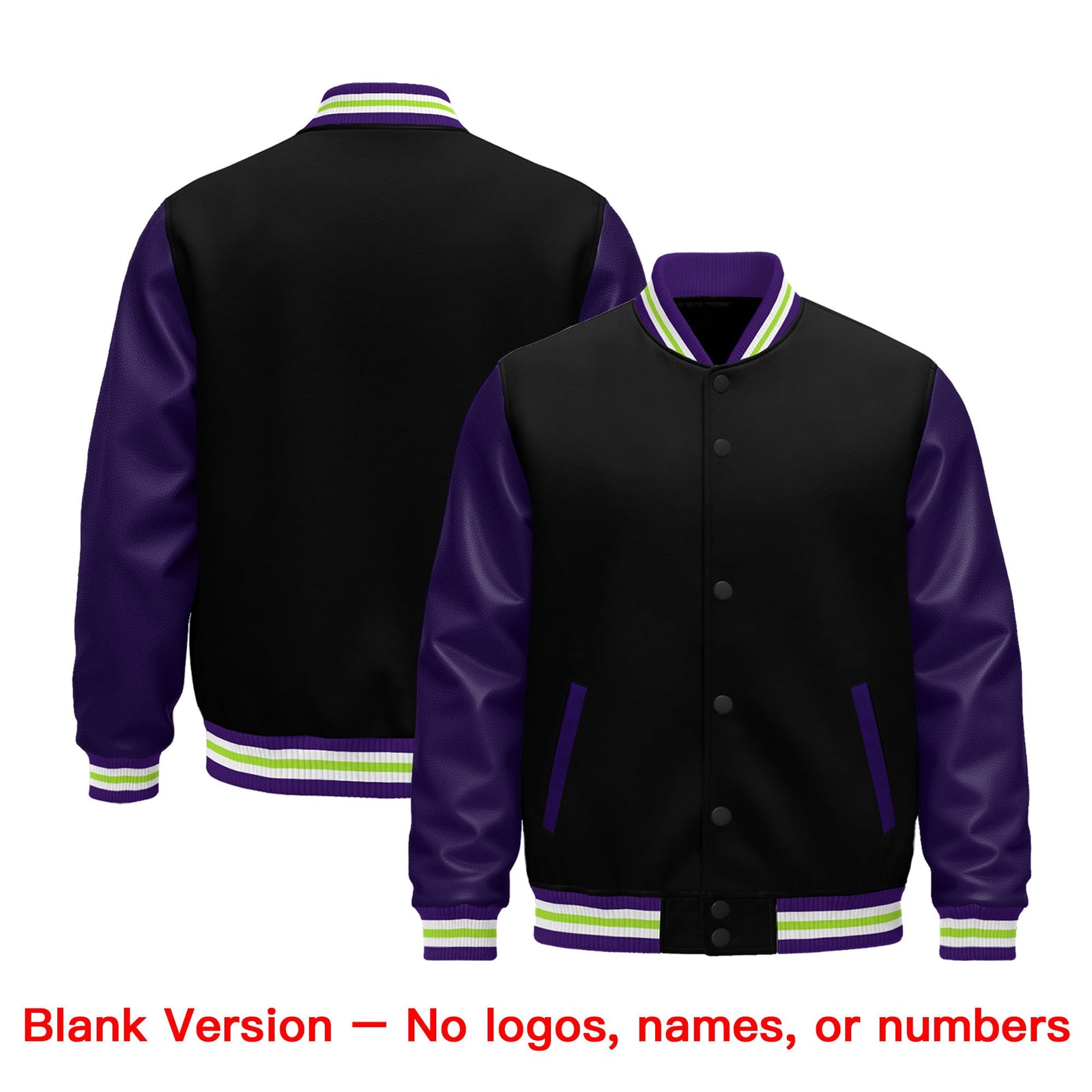 Custom Purple Black Neon Green Raglan Sleeves Varsity Full-Snap Leather Sleeves Letterman Jacket| KXKSHOP
