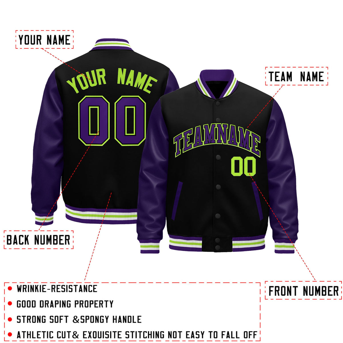 Custom Purple Black Neon Green Raglan Sleeves Varsity Full-Snap Leather Sleeves Letterman Jacket| KXKSHOP