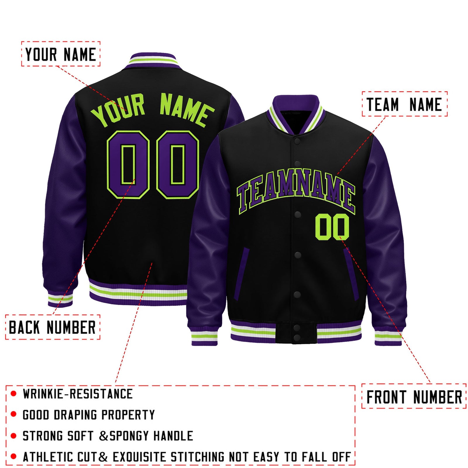 Custom Purple Black Neon Green Raglan Sleeves Varsity Full-Snap Leather Sleeves Letterman Jacket| KXKSHOP
