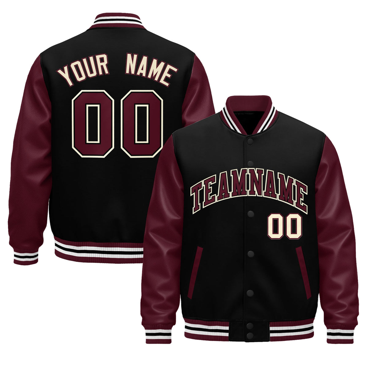 Custom Burgundy Black Crimson Raglan Sleeves Varsity Full-Snap Leather Sleeves Letterman Jacket| KXKSHOP