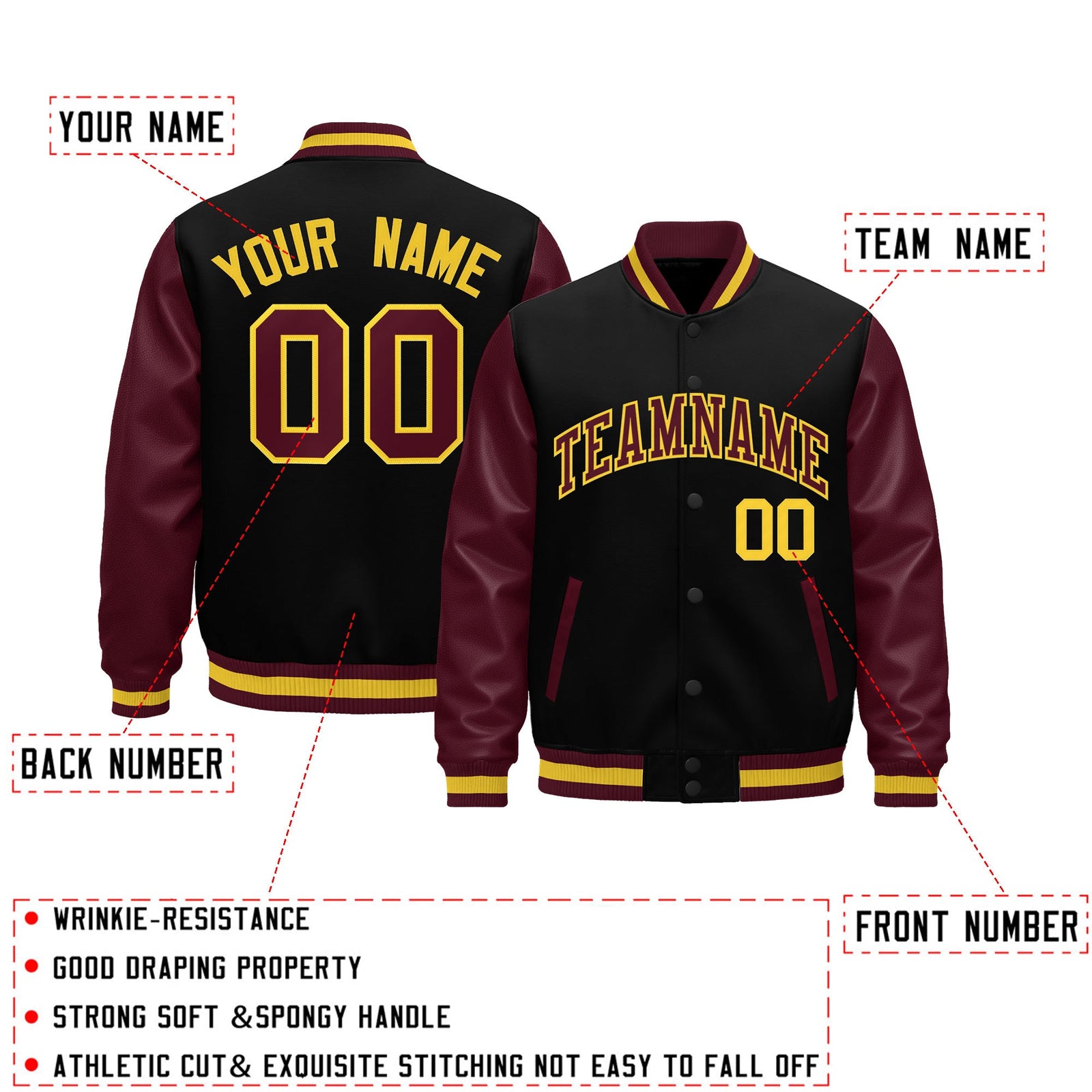 Custom Burgundy Black Crimson Gold Raglan Sleeves Varsity Full-Snap Leather Sleeves Letterman Jacket| KXKSHOP