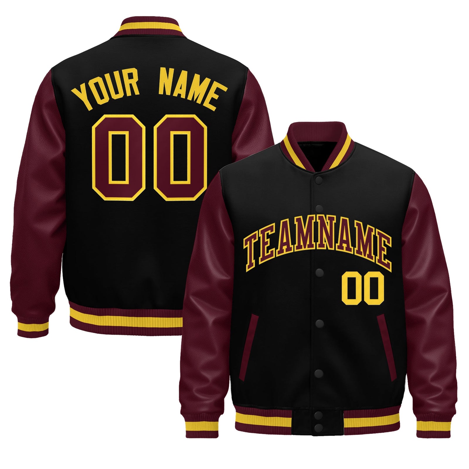 Custom Burgundy Black Crimson Gold Raglan Sleeves Varsity Full-Snap Leather Sleeves Letterman Jacket| KXKSHOP