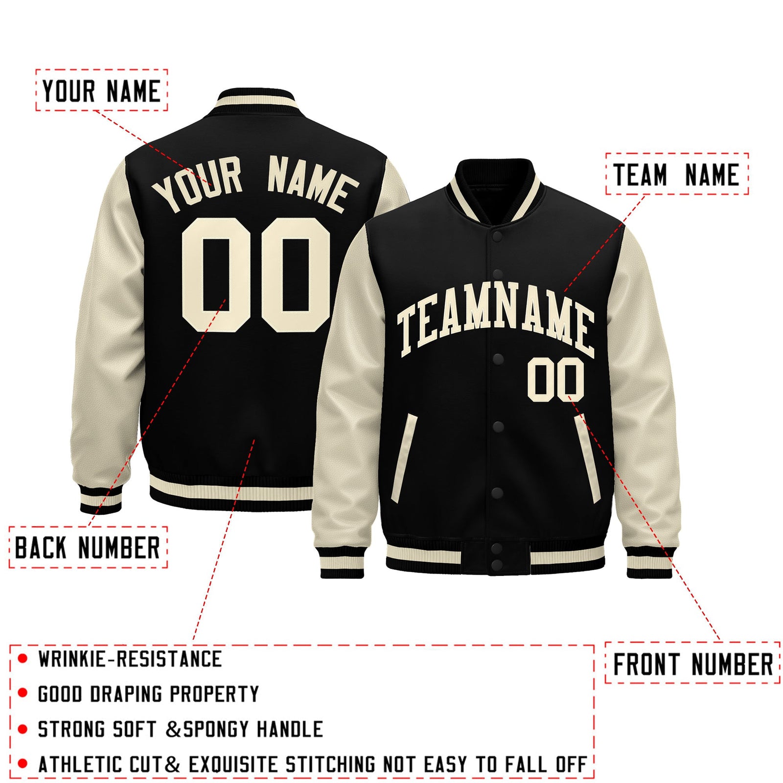 Custom Black Cream Raglan Sleeves Varsity Full-Snap Leather Sleeves Letterman Jacket| KXKSHOP